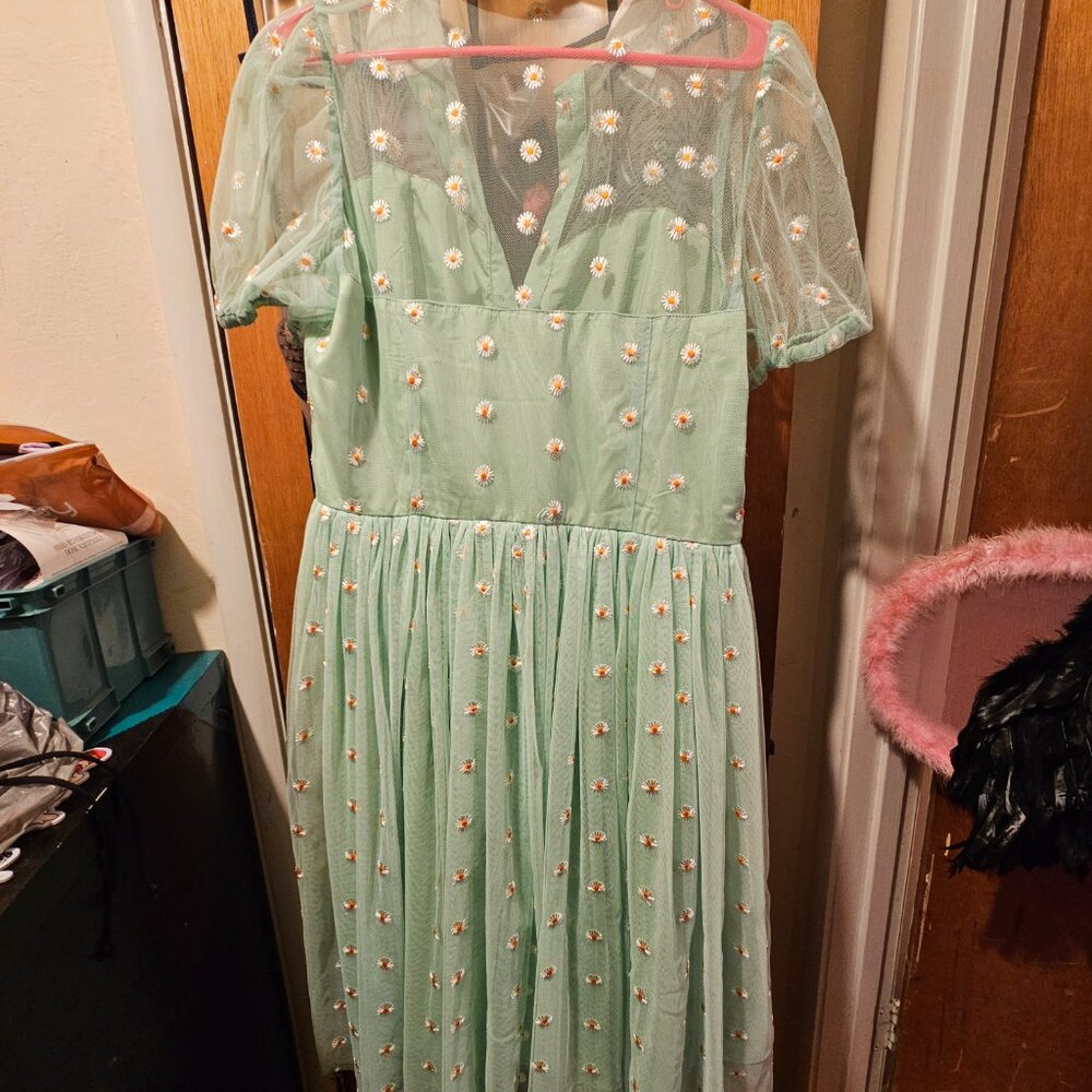 Unique Vintage Mint Green Embroidered Tulle Midi Dress - Picture 2 of 5